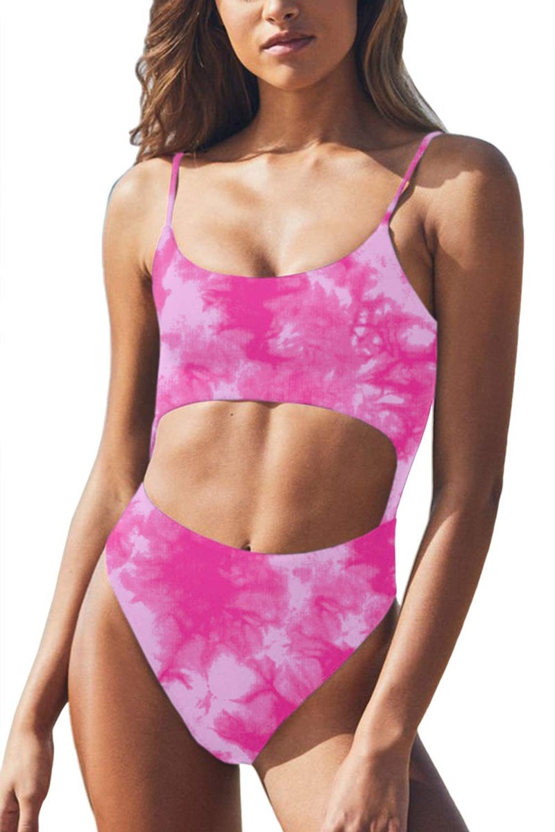 Meyeeka Womens Scoop Neck Cut Out Front Lace Up Back High Cut Monokini One Piece Swimsuit (S, Tie Dye - Rosy) - Image 4
